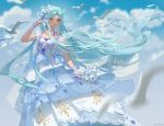  1girl bird blue_hair blue_sky bouquet cloud douluo_dalu dress flower hair_ornament highres light long_hair mo_ai_lingbao shade sky tang_wutong_(douluo_dalu) white_dress 