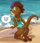  absurd_res anthro anus beach bedroom_eyes bite biting_lip breasts brown_body brown_fur brown_hair butt clothing clothing_aside dialogue feet female fur genitals green_eyes hair hi_res highlights_(coloring) kneeling looking_at_viewer looking_back looking_back_at_viewer lutrine mammal mustelid narrowed_eyes one-piece_swimsuit outside pawpads purple_highlights pussy seaside seductive siroc sofeia solo speech_bubble surfboard swimwear swimwear_aside tan_body whiskers 