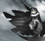  1girl alternate_costume black_legwear cape cloak eyebrows_visible_through_hair fate_(series) fur_trim gray_(fate) green_eyes grey_hair hood hood_up long_hair lord_el-melloi_ii_case_files sakamoto_mineji scythe skirt solo weapon 