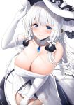  1girl areola_slip areolae azur_lane bangs bare_shoulders blue_eyes blush breasts cleavage closed_mouth dress elbow_gloves eyebrows_visible_through_hair from_above futon_fly_away garter_straps gloves hat highres illustrious_(azur_lane) large_breasts looking_at_viewer simple_background smile solo white_background white_dress white_gloves white_hair white_headwear 