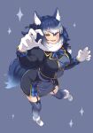  1girl absurdres animal_ears blue_coat blue_hair blue_legwear blue_necktie blue_skirt blush coat commentary_request dire_wolf_(kemono_friends) eyebrows_visible_through_hair fang fur_collar garter_straps gloves gold_trim hair_between_eyes highres kemono_friends kemono_friends_3 long_hair long_sleeves looking_at_viewer multicolored_hair neck_ribbon necktie open_mouth plaid plaid_skirt plaid_trim pleated_skirt reaching_out ribbon sawara_noa skirt smile solo tail thighhighs twintails white_fur white_gloves white_hair wolf_ears wolf_girl wolf_tail yellow_eyes zettai_ryouiki 