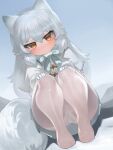  1girl animal_ears arctic_fox_(kemono_friends) bangs blue_bow blue_sky bow brown_eyes capelet closed_mouth day dokomon dutch_angle eyebrows_visible_through_hair fox_ears fox_girl fox_tail fur-trimmed_sleeves fur_trim gloves grey_hair grey_skirt hair_between_eyes highres jacket kemono_friends long_sleeves looking_at_viewer no_shoes outdoors panties panties_under_pantyhose pantyhose pleated_skirt skirt sky smile solo squatting tail underwear white_capelet white_gloves white_jacket white_legwear white_panties 