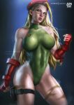  1girl absurdres artist_name blonde_hair blue_eyes breasts cammy_white clenched_hands covered_navel deviantart_username eyelashes fingerless_gloves garrison_cap gloves green_leotard hat high_collar highres holster large_breasts leotard logan_cure long_hair mixed-language_commentary parted_lips patreon_username red_gloves scar skin_tight sleeveless solo street_fighter thigh_holster thighs 