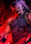  abs bangs biceps black_gloves black_tank_top commentary_request earrings facial_hair gloves glowing glowing_eye hand_up jewelry medium_hair muscular muscular_male onono_imoko pectorals red_eyes rugal_bernstein silver_hair solo tank_top the_king_of_fighters veins white_eyes 
