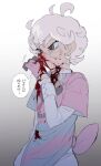  1boy bede_(pokemon) blood blood_on_clothes blood_on_face closed_mouth curly_hair gloves gradient gradient_background highres long_sleeves male_focus nosebleed pink_gloves pokemon pokemon_(game) pokemon_swsh purple_eyes simple_background solo thxzmgn translation_request white_hair 