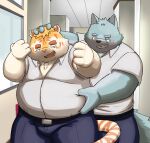  2022 anthro belly belly_grab big_belly blush bottomwear canid canine clothing detailed_background duo felid hi_res humanoid_hands inside kemono male mammal overweight overweight_male pantherine pants shirt tiger topwear yuuh1212 