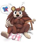  2022 3_toes 4_fingers animal_crossing anthro apron areola belly big_breasts black_nose blush breasts brown_body brown_fur brown_hair butt clothing countershade_face countershading dark_areola deep_navel embarrassed eulipotyphlan eyelashes feet female fingers freckles front_view full-length_portrait fur genitals hair hedgehog hi_res honeymono inverted_nipples long_hair looking_at_viewer mammal navel nintendo nipples nude open_mouth overweight overweight_female pictographics portrait pussy sable_able short_stack sitting solo speech_bubble spread_legs spreading teeth toes tongue video_games wardrobe_malfunction 