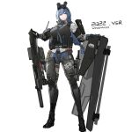  1girl alternate_costume armor binoculars blue_hair blue_shorts braid breastplate brown_legwear closed_mouth dp-12_(girls&#039;_frontline) exoskeleton full_body girls&#039;_frontline grey_eyes gun hairband highres holding holding_gun holding_weapon long_hair looking_at_viewer pandea_work pantyhose shield shirt short_shorts shorts shotgun_shell signature simple_background solo tactical_clothes weapon white_background white_shirt 