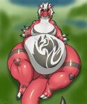  2016 bandai_namco belly big_belly claws digimon digimon_(species) digital_drawing_(artwork) digital_media_(artwork) feral green_eyes grinex growlmon hair hi_res looking_at_viewer male overweight overweight_male red_body signature smile solo talon_hands talons thick_thighs white_body white_hair 
