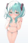  1girl absurdres aqua_eyes bangs bikini blue_bikini blush breasts closed_mouth eyebrows_visible_through_hair hair_between_eyes hair_ornament hatsune_miku highres holding holding_hair long_hair looking_at_viewer micro_bikini navel norato side-tie_bikini simple_background small_breasts solo swimsuit thigh_gap twintails vocaloid white_background 