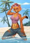 2015 5_fingers absurd_res alanscampos anthro beach biped blonde_hair breasts brown_body brown_fur claws clothed clothing cloud detailed_background digital_media_(artwork) eyewear felid female finger_claws fingers fur glasses hair hand_on_leg hand_on_thigh hi_res kneeling looking_at_viewer mammal midriff multicolored_hair navel open_mouth outside palm_tree pink_hair plant public red_eyes sand seaside sky smile solo spots sunglasses tigerlily_(charise) toe_claws torn_clothing tree two_tone_hair water 