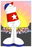  armless blue_clothing blue_hat blue_headwear clothing diaper eyes_closed hat headgear headwear hi_res homestar_runner humanoid jaqrabbit_(artist) male red_clothing red_hat red_headwear red_topwear solo standing sunrise topwear wearing_diaper white_body white_diaper 