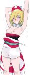  1girl armpits arms_up bangle bangs berserkert blonde_hair blush bracelet breasts clothes_pull hair_between_eyes hairband highres irida_(pokemon) jewelry medium_breasts neck_ring nipples nose_blush pokemon pokemon_(game) pokemon_legends:_arceus red_hairband shirt shirt_pull short_hair shorts simple_background solo steam strapless strapless_shirt stretch sweat white_background white_shorts 