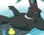  2022 anthro balls bathing belly big_belly black_body black_nose genitals hi_res humanoid_hands kemono male mammal overweight overweight_male palm_tree penis plant solo tree tsukikuma0808 ursid water 