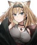  1girl animal_ears arknights bare_shoulders black_choker black_coat black_hairband blonde_hair blue_eyes blush breasts choker cleavage closed_mouth coat collarbone ear_piercing extra_ears grey_shirt hairband highres horn_(arknights) large_breasts long_hair looking_at_viewer off_shoulder open_clothes open_coat piercing raw_egg_lent shirt simple_background smile solo underbust upper_body white_background wolf_ears 