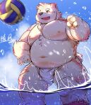  2022 anthro asian_clothing ball belly big_belly cai_yuwang clothing cloud east_asian_clothing fundoshi humanoid_hands japanese_clothing kemono male mammal moobs navel nipples outside overweight overweight_male solo underwear ursid water white_body white_clothing white_fundoshi white_underwear young 