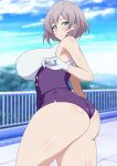  1girl absurdres aqua_eyes ass bare_shoulders blush breasts cloud cloudy_sky corset curvy gloves gridman_universe highres huge_breasts light_purple_hair looking_at_viewer mujina narrow_waist outdoors plump purple_corset railing shiny shiny_skin short_hair short_shorts shorts sky solo space_gorilla ssss.dynazenon thick_thighs thighs tile_roof white_gloves 