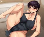  1girl absurdres apron areolae ass ass_visible_through_thighs black_eyes black_hair blush breasts cameltoe come_hither covered_nipples curvy feet highres huge_breasts jmg komi-san_wa_komyushou_desu komi_shuuko large_breasts looking_at_viewer mature_female mixed-language_commentary naked_apron nipples nude presenting purple_eyes purple_hair pussy short_hair smile solo spread_legs teasing thick_thighs thighs 