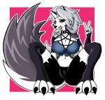  anthro big_breasts breasts camel_toe canid canine canis clothed clothing collar digital_media_(artwork) ear_piercing female fluffy fluffy_tail fur genitals gesture grey_hair hair helluva_boss hi_res hungy_ns legwear looking_at_viewer loona_(helluva_boss) mammal nipple_outline piercing pink_background red_eyes shaded simple_background solo spread_legs spreading tongue tongue_out v_sign white_body white_fur wolf 
