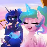  1:1 beverage blue_eyes blue_hair chest_tuft coffee coffee_cup confetticakez container cup dessert doughnut duo equid equine eyes_closed female food friendship_is_magic hair hasbro hi_res horn mammal my_little_pony ponytail princess_celestia_(mlp) princess_luna_(mlp) ravensun sibling sister sisters sparkles tea tea_cup tuft winged_unicorn wings 