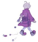  1boy bag bede_(pokemon) boots coat dropping from_behind gloves highres long_sleeves male_focus open_bag partially_fingerless_gloves pink_coat poke_ball pokemon pokemon_(game) pokemon_swsh potion_(pokemon) simple_background single_glove sleeve_rolled_up solo thxzmgn walking white_background 