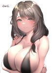  1girl 4w4 absurdres artist_name azur_lane black_bra blush bow bra breasts brown_hair charybdis_(azur_lane) grey_eyes hair_bow highres huge_breasts long_hair looking_at_viewer mature_female red_bow simple_background smile solo underwear upper_body white_background 