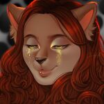  1:1 anthro blush bodily_fluids crying curled_hair digital_media_(artwork) domestic_cat felid feline felis female fur hair headshot_portrait hi_res invalid_tag leloli mammal portrait red_hair simple_background smile solo tears 