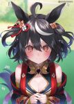  1girl ahoge animal_ears black_hair blush breasts cleavage cleavage_cutout closed_mouth clothing_cutout detached_sleeves ear_ornament hair_between_eyes highres horse_ears horse_girl horse_tail kitasan_black_(umamusume) looking_at_viewer medium_breasts red_eyes short_hair smile solo suzuho_hotaru sweat tail umamusume upper_body 