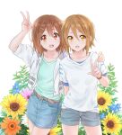  2girls :d arm_up bangs belt blue_shirt brown_eyes brown_hair collarbone commentary_request denim denim_skirt dresstrip eyebrows_visible_through_hair flower green_shirt hair_between_eyes hair_ornament hairband hairclip hand_on_another&#039;s_shoulder hirasawa_yui jacket k-on! looking_at_viewer multiple_girls open_clothes open_jacket open_mouth shirt short_hair short_sleeves shorts simple_background skirt smile sunflower tainaka_ritsu v watch white_background white_jacket white_shirt wristwatch yellow_hairband 