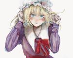  1girl blonde_hair blue_eyes blush dress grey_background hat highres koyoko long_hair long_sleeves looking_at_viewer maribel_hearn mob_cap parted_lips red_neckwear red_ribbon ribbon simple_background smile solo touhou upper_body white_background 
