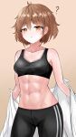  1girl ? abs black_pants black_sports_bra breasts brown_hair collarbone commentary_request imouto_(qq71nd95mgt50a1) navel open_clothes open_shirt orange_eyes original pants shirt small_breasts solo sports_bra toned undressing white_shirt yoga_pants 