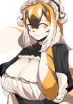  absurd_res anthro arknights big_breasts black_body breasts cleavage clothed clothing digital_media_(artwork) felid female fur hair hand_on_head hi_res hypergryph maid_headdress maid_uniform mammal multicolored_body multicolored_fur multicolored_hair mx99926 orange_body orange_fur orange_hair pantherine simple_background smile solo stripes studio_montagne tiger topwear uniform video_games waaifu_(arknights) white_background white_body white_fur white_hair yellow_eyes 