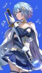  1girl blue_background blue_eyes blue_hair cape closed_mouth fortissimo fortissimo_hair_ornament gloves hair_ornament hairclip highres holding holding_sword holding_weapon looking_at_viewer magical_girl mahou_shoujo_madoka_magica miki_sayaka short_hair simple_background solo soul_gem superpig sword thighhighs weapon white_cape white_gloves white_legwear 