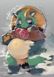  2022 absurd_res anthro belly big_belly canid canine clothing green_body green_nose hat headgear headwear hi_res japanese_text kemono mammal navel overweight paws raccoon_dog solo tanuki text x_navel yosida_ba 
