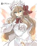  1girl blush bow bowtie capelet dress eyebrows_visible_through_hair fairy_wings hair_between_eyes hat lily_white long_hair long_sleeves looking_at_viewer open_mouth red_bow red_neckwear sketch smile solo touhou uisu_(noguchipint) white_dress wide_sleeves wings 