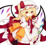 1girl apple blonde_hair blush bow cot_(co2cotton) fang flandre_scarlet food frills fruit hat hat_bow highres holding holding_food laevatein_(tail) long_hair looking_at_viewer mob_cap open_mouth pointy_ears puffy_short_sleeves puffy_sleeves red_bow red_eyes short_sleeves skin_fang skirt solo tail touhou white_background white_headwear wings wrist_cuffs 