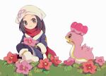  1girl akari_(pokemon) black_hair black_legwear black_shirt blush_stickers closed_mouth commentary_request eyelashes flower grass grey_eyes grey_jacket grey_skirt head_scarf highres jacket long_hair loose_socks ntakehisa pantyhose pink_flower pokemon pokemon_(creature) pokemon_(game) pokemon_legends:_arceus red_flower red_scarf scarf shellos shellos_(west) shirt sidelocks sitting skirt smile white_headwear white_legwear 