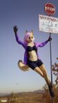  2022 anthro blender_(software) bra canid canine clothing desert detailed_background female fox hair hanging_by_arms hi_res impreza jacket jewelry mammal multicolored_body pink_hair purple_clothing solo tight_clothing topwear traffic_sign tridognait two_tone_body underwear watermark 