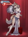  2020 anthro bottomwear bra canid canine canis clothing colored curtains domestic_dog ear_tuft female gradient_hair hair hand_fan inktiger ko-fi lipstick loincloth looking_at_viewer makeup mammal midriff on_knee patreon red_lipstick reign_(scfiii) shaded signature simple_background solo speckled_fur stage_light text tuft underwear url watermark 