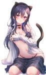  1girl absurdres animal_ears armpit_crease bare_shoulders bell black_bra black_choker black_hair black_panties black_skirt bra cat_ear_panties cat_ears cat_tail choker covering covering_breasts ear_piercing embarrassed fake_animal_ears frown hairband highres ichinose_uruha jingle_bell long_hair long_sleeves looking_at_viewer lupinus_virtual_games miniskirt navel off_shoulder open_clothes open_shirt panties piercing plaid plaid_skirt pleated_skirt purple_eyes shirt side-tie_panties skirt solo stomach string_panties sweat tail toki_(toki_ship8) underwear virtual_youtuber vspo! wavy_mouth white_shirt 