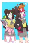  2girls alternate_costume bangs blue_background border bright_pupils brown_hair bubble_blowing closed_mouth clothes_around_waist commentary_request double_bun eyelashes frown green_eyes hair_ornament hairclip hat high_ponytail highres hilda_(pokemon) holding holding_phone jacket knees long_hair multiple_girls nose_bubble on_head open_clothes open_jacket phone pkpokopoko3 pleated_skirt pokemon pokemon_(creature) pokemon_(game) pokemon_bw pokemon_bw2 pokemon_on_head rosa_(pokemon) sailor_collar school_uniform shirt short_sleeves sidelocks skirt snivy tepig thighhighs white_border white_legwear yellow_shirt 