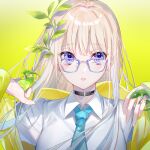  1girl bangs black_collar blue_necktie collar collared_shirt frog glasses highres leaf leaf_on_head light_brown_hair long_hair looking_at_viewer miwano_rag necktie original parted_lips purple_eyes shirt solo white_shirt yellow_background 