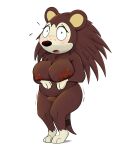  2022 3_toes animal_crossing anthro areola arms_under_breasts belly big_breasts blush bodily_fluids breasts brown_body brown_fur brown_hair brown_nose countershade_face countershading embarrassed eulipotyphlan feet female flying_sweatdrops freckles full-length_portrait fur genitals hair hedgehog hi_res honeymono huge_breasts long_hair looking_at_viewer mammal nintendo nipples nude open_mouth overweight overweight_anthro overweight_female portrait pussy sable_able shaking shivering short_stack solo standing sweat sweatdrop three-quarter_view toes video_games wide_eyed 