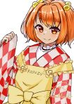  1girl apron bell blush character_name checkered checkered_clothes checkered_kimono hair_bell hair_ornament highres japanese_clothes kimono looking_at_viewer motoori_kosuzu orange_eyes orange_hair rital short_hair simple_background sleeves_past_wrists smile solo touhou two_side_up upper_body white_background 