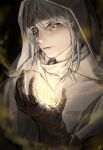  1other absurdres androgynous blue_eyes boiled_egg27 brown_gloves closed_mouth elden_ring gloves grey_hair highres hood hood_up looking_down signature solo tarnished_(elden_ring) 