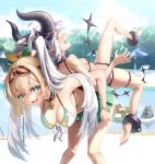  2girls :d ahoge ankle_cuffs back-to-back bangs bare_arms bare_legs barefoot bikini bikini_skirt black_bikini blonde_hair breasts cleavage collar crow_(la+_darknesss) demon_horns eyebrows_visible_through_hair goggles goggles_on_head green_eyes hair_between_eyes hair_ribbon halter_top halterneck highres hololive horns innertube kazama_iroha kito_koruta la+_darknesss large_breasts locked_arms long_hair looking_at_another looking_at_viewer multicolored_hair multiple_girls open_mouth pointy_ears pokobee ponytail purple_hair ribbon small_breasts smile streaked_hair string_bikini swimsuit tail twintails very_long_hair virtual_youtuber white_bikini white_hair yellow_eyes 