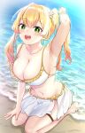  +_+ 1girl :d amakumo517 armpits beach bikini bikini_skirt blonde_hair breasts cleavage collarbone eyebrows_visible_through_hair fang green_eyes highres hololive large_breasts long_hair momosuzu_nene navel ocean sand sitting smile solo swimsuit thigh_strap twintails virtual_youtuber water wet 