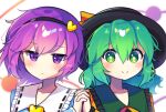  2girls black_headwear blurry blush collarbone depth_of_field expressionless frilled_shirt_collar frills green_eyes green_hair hair_between_eyes hairband hand_up hat heart highres holding_hands interlocked_fingers komeiji_koishi komeiji_satori looking_at_viewer looking_away multiple_girls offbeat purple_eyes purple_hair shirt short_hair siblings simple_background sisters third_eye touhou upper_body white_background 