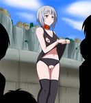  bangs blush censored collar cropped_legs crotchless_panties exhibitionism female gray_eyes gray_hair grey_eyes grey_hair humiliation kannagi_noel looking_to_the_side nippleless_clothes nippleless_clothing nipples panties presenting public_nudity pussy solo sora_no_woto spec_(artist) standing thighhighs underwear urasekai 