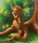  ambiguous_gender anthro brown_fur digitigrade duo faellin flower fluffy fluffy_tail fur grass hindpaw mammal outside paws plant rodent sciurid sitting_on size_difference tree whiskers 